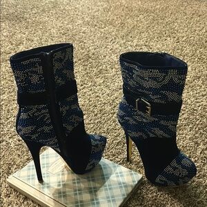 Blue Patterned Women's Ankle Boots